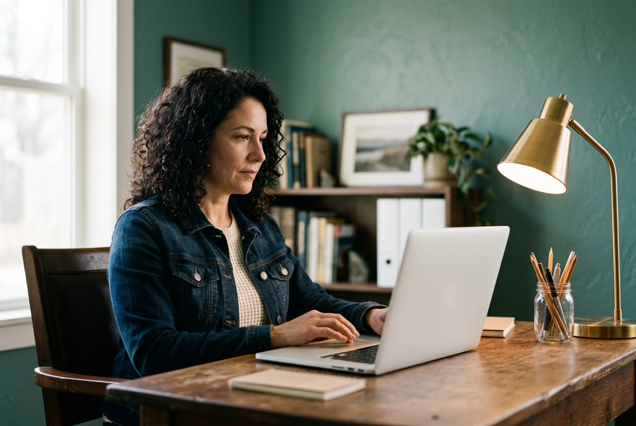 An agency owner at her desk, reading a laptop screen with a brass lamp beside her