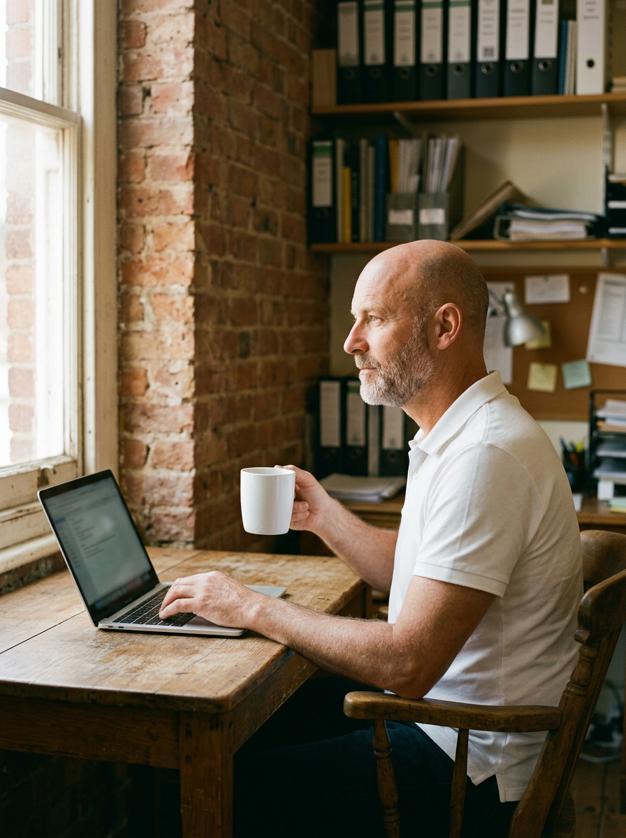 An agency owner in a white polo drinking coffee while typing at a wooden table