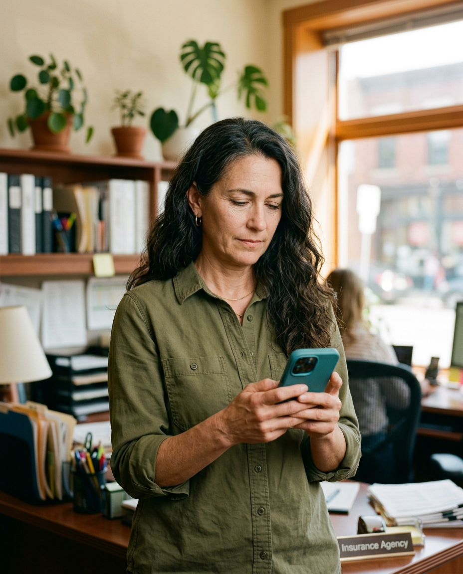 An agency owner in an olive work shirt checking her phone in a small office